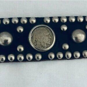Mens Studded Black Leather Belt with Indian Head Conchos